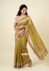 Olive Mehndi Green - Pragathi - Linen Cotton Saree Stripes Prints with Tiny Border - Perfect for Office Wear | Summer wear | Casual Wear