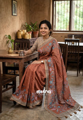 Muted Brick Red - Pragathi - Linen Cotton Saree Flower Prints with Tiny Border - Perfect for Office Wear | Summer wear | Casual Wear