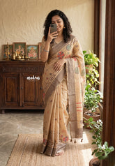 Sandal Beige - Pragathi - Linen Cotton Saree Modern Prints with Tiny Border - Perfect for Office Wear | Summer wear | Casual Wear