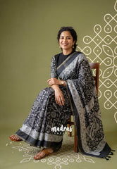 Jet Black - Pragathi - Linen Cotton Saree Flower Kalamkari Prints with Tiny Border - Perfect for Office Wear | Summer wear | Casual Wear