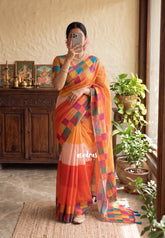 Amber Orange - Pragathi - Linen Cotton Saree with Checks Border and Blouse - Perfect for Office Wear | Summer wear | Casual Wear
