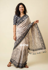 Muted Beige - Pragathi - Linen Cotton Saree with Kalamkari Peacock, Floral Print and Tiny Border - Perfect for Office Wear | Summer wear | Casual Wear