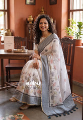 Pearl White - Pragathi - Linen Cotton Saree Lotus Print with Plain Border - Perfect for Office Wear | Summer wear | Casual Wear