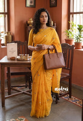 Orangish Yellow - Pragathi - Linen Cotton Saree Floral Prints with Tiny Border - Perfect for Office Wear | Summer wear | Casual Wear