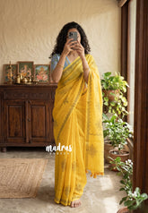 Paris Yellow - Pragathi - Linen Cotton Saree Kolam Print wiht Contrast Blouse - Perfect for Office Wear | Summer wear | Casual Wear