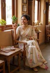 Ivory Beige - Pragathi - Linen Cotton Saree Thulip Flower Prints with Tiny Border - Perfect for Office Wear | Summer wear | Casual Wear