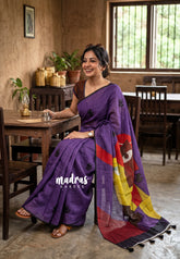 Lavender Purple - Pragathi - Linen Cotton Saree with Floral Print and Contrast Blouse - Perfect for Office Wear | Summer wear | Casual Wear