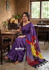 Lavender Purple - Pragathi - Linen Cotton Saree with Floral Print and Contrast Blouse - Perfect for Office Wear | Summer wear | Casual Wear