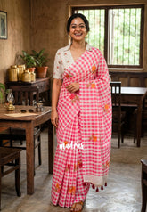 White with Pink - Linen Cotton Saree Madras Checks with Rose Flower Prints - Best for Office Wear | Casual Wear