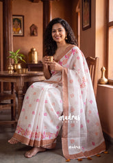 Creamy Ivory - Pragathi - Linen Cotton Saree Rose Prints - Perfect for Office Wear | Summer wear | Casual Wear