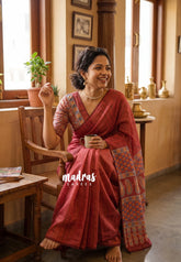 Crimson Red with Lace - Pragathi - Linen Cotton Saree with Ajrakh Pallu and Blouse - Best for Office Wear | Casual Wear