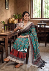 Peacock Green with Beige - Pragathi - Linen Cotton Saree Ganga Jamuna Border with Contrast Blouse - Best for Office Wear | Casual Wear