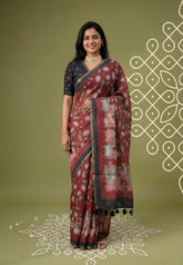 Reddish Maroon - Pragath - Linen Cotton Saree with Pichwai Lotus and Cow Prints - Perfect for Office Wear | Summer wear | Casual Wear