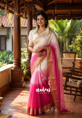 Rosy Ivory - Linen Cotton Gradient Saree with Tissue Border - Perfect for Office Wear | Summer wear | Casual Wear