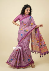 White with Magenta Pink - Pragathi - Linen Cotton Saree Madras Checks with Rose Flower Prints - Best for Office Wear | Casual Wear