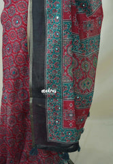 Muted Crimson Pink - Pragathi - Linen Cotton Saree Mirror Work with Ajrakh Prints - Best for Office Wear | Casual Wear