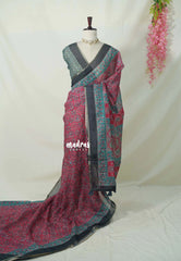 Muted Crimson Pink - Pragathi - Linen Cotton Saree Mirror Work with Ajrakh Prints - Best for Office Wear | Casual Wear