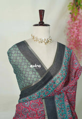 Muted Crimson Pink - Pragathi - Linen Cotton Saree Mirror Work with Ajrakh Prints - Best for Office Wear | Casual Wear
