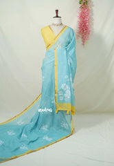 Pastel Aqua Blue - Linen Cotton Saree Floral Print with Tiny Border - Best for Office Wear | Casual Wear | Doctors | Professors | Teachers Friendly