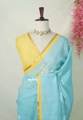Pastel Aqua Blue - Linen Cotton Saree Floral Print with Tiny Border - Best for Office Wear | Casual Wear | Doctors | Professors | Teachers Friendly