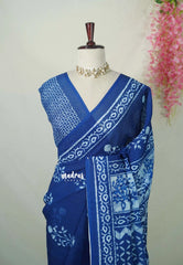 Indigo Blue - Pragathi - Linen Cotton Saree Floral Prints - Perfect for Office Wear | Summer wear | Casual Wear