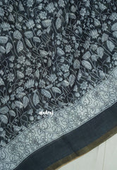 Ebony Black - Pragathi - Linen Cotton Saree Lotus Kalamkari Prints with Tiny Border - Perfect for Office Wear | Summer wear | Casual Wear