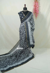 Ebony Black - Pragathi - Linen Cotton Saree Lotus Kalamkari Prints with Tiny Border - Perfect for Office Wear | Summer wear | Casual Wear