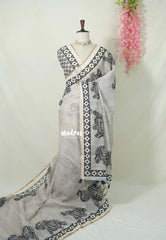 Muted Beige - Pragathi - Linen Cotton Saree with Elephant Print Border and Tiny Border - Perfect for Office Wear | Summer wear | Casual Wear
