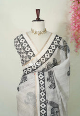 Muted Beige - Pragathi - Linen Cotton Saree with Elephant Print Border and Tiny Border - Perfect for Office Wear | Summer wear | Casual Wear