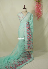 Aqua Mist - Pragathi - Linen Cotton Saree with Floral Print and Tiny Border - Perfect for Office Wear | Summer wear | Casual Wear