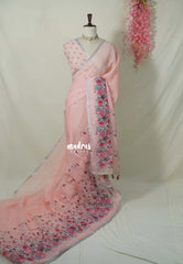 Peach Glow - Pragathi - Linen Cotton Saree with Floral Print and Tiny Border - Perfect for Office Wear | Summer wear | Casual Wear