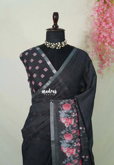 Elephant Black - Pragathi - Linen Cotton Saree with Floral Print and Tiny Border - Perfect for Office Wear | Summer wear | Casual Wear