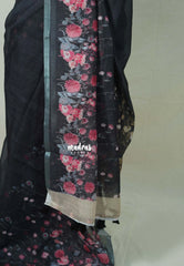 Elephant Black - Pragathi - Linen Cotton Saree with Floral Print and Tiny Border - Perfect for Office Wear | Summer wear | Casual Wear