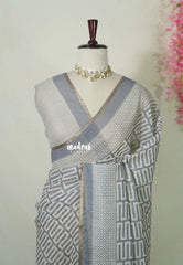 Grey with Beige - Pragathi - Linen Cotton Saree with Modern Print and Tiny Border - Perfect for Office Wear | Summer wear | Casual Wear