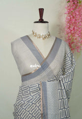 Grey with Beige - Pragathi - Linen Cotton Saree with Modern Print and Tiny Border - Perfect for Office Wear | Summer wear | Casual Wear