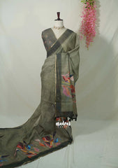 Olive Grey - Pragathi - Linen Cotton Saree Big Leaf Print wiht Contrast Blouse - Perfect for Office Wear | Summer wear | Casual Wear