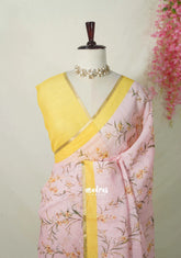 Blushing Peach - Pragathi - Linen Cotton Saree Flower Prints with Contrast Blouse and Tiny Border - Perfect for Office Wear | Summer wear | Casual Wear