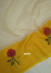 Creamy Ivory - Pragathi - Linen Cotton Saree Plain with Flower Printed Border - Perfect for Office Wear | Summer wear | Casual Wear