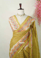 Olive Mehndi Green - Pragathi - Linen Cotton Saree Stripes Prints with Tiny Border - Perfect for Office Wear | Summer wear | Casual Wear