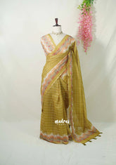 Olive Mehndi Green - Pragathi - Linen Cotton Saree Stripes Prints with Tiny Border - Perfect for Office Wear | Summer wear | Casual Wear
