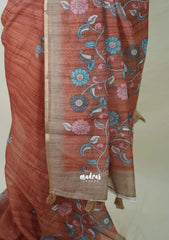 Muted Brick Red - Pragathi - Linen Cotton Saree Flower Prints with Tiny Border - Perfect for Office Wear | Summer wear | Casual Wear