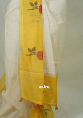 Creamy Ivory - Pragathi - Linen Cotton Saree Plain with Flower Printed Border - Perfect for Office Wear | Summer wear | Casual Wear