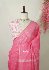 Rose Milk Pink - Pragathi - Linen Cotton Saree Square Box Buttas Print wiht Contrast Blouse - Perfect for Office Wear | Summer wear | Casual Wear