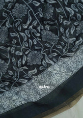 Jet Black - Pragathi - Linen Cotton Saree Flower Kalamkari Prints with Tiny Border - Perfect for Office Wear | Summer wear | Casual Wear