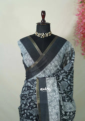Jet Black - Pragathi - Linen Cotton Saree Flower Kalamkari Prints with Tiny Border - Perfect for Office Wear | Summer wear | Casual Wear