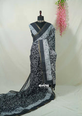 Jet Black - Pragathi - Linen Cotton Saree Flower Kalamkari Prints with Tiny Border - Perfect for Office Wear | Summer wear | Casual Wear