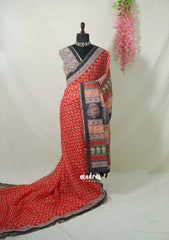 Orangish Red - Pragathi - Linen Cotton Saree Mango Bagru Prints with Tiny Border - Perfect for Office Wear | Summer wear | Casual Wear