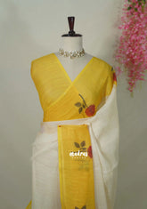 Creamy Ivory - Pragathi - Linen Cotton Saree Plain with Flower Printed Border - Perfect for Office Wear | Summer wear | Casual Wear