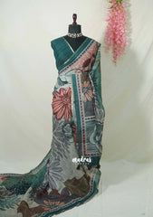 Multicolor with Peacock Jade - Pragathi - Linen Cotton Saree Big Flower Prints with Tiny Border - Perfect for Office Wear | Summer wear | Casual Wear
