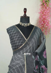 Elephant Grey - Pragathi - Linen Cotton Saree Floral pallu with Tiny Border - Perfect for Office Wear | Summer wear | Casual Wear